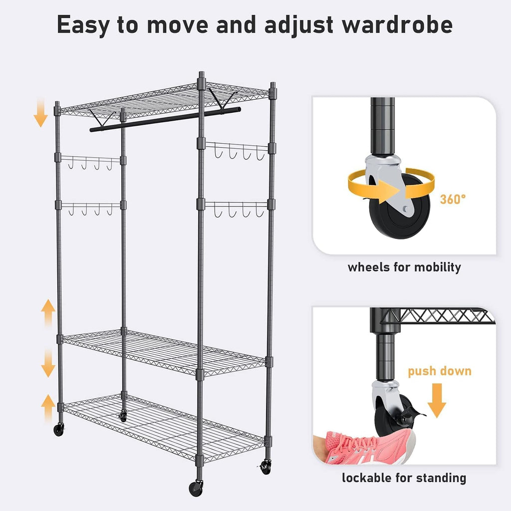 Heavy Duty Clothes Rack, Adjustable Rolling Garment Rack with Shelves, Freestanding Wardrobe Rack 1 Clothes Hanging Bar, 3 tired Wire Shelving, 4 Hanger Hooks - Hold Up to 400Lbs (Black, 1Rod 4Hook)