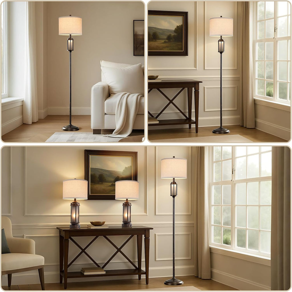 New - Same Matching Floor Lamp - 65'' Floor Lamp + 25'' Table Lamp Set of 2, Farmhouse Nightstand Lamp with Frosted Glass Nightlight Linen Fabric Shade for Living Room, Bedroom, Entryway, Bulb Include