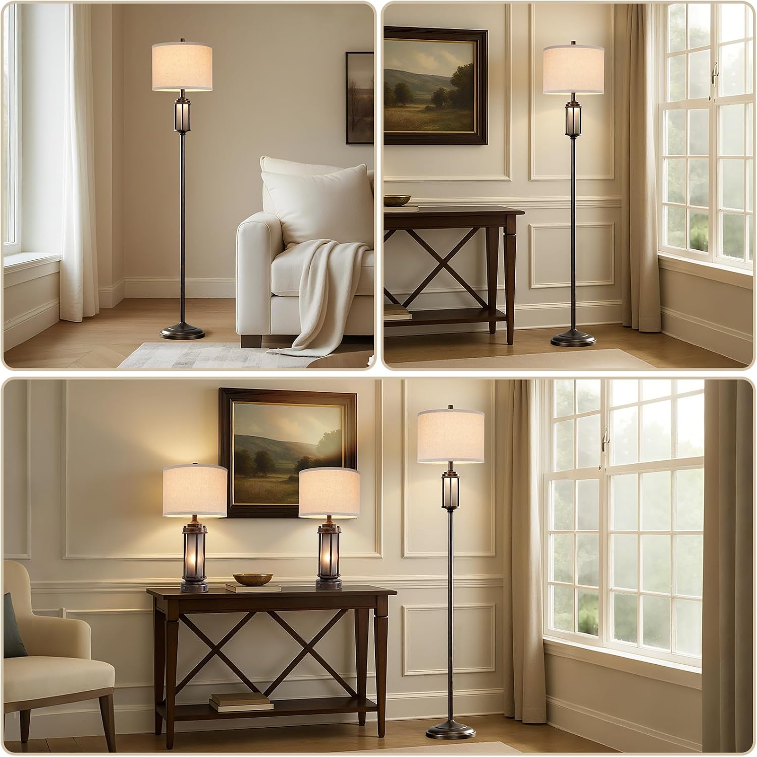 New - Same Matching Floor Lamp - 65'' Floor Lamp + 25'' Table Lamp Set of 2, Farmhouse Nightstand Lamp with Frosted Glass Nightlight Linen Fabric Shade for Living Room, Bedroom, Entryway, Bulb Include
