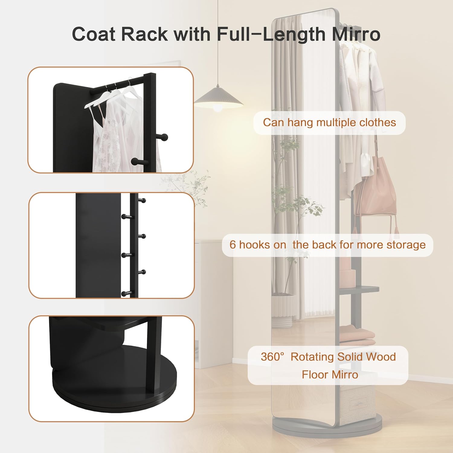 BOWEI Solid Wooden Mirror Coat Rack, Full Length Mirror with Coat Rack, Hall Coat Tree with Hooks and Storage Shelf for Coats, Hats, Bags, for Entryway, Hallway, Bedroom (Black)