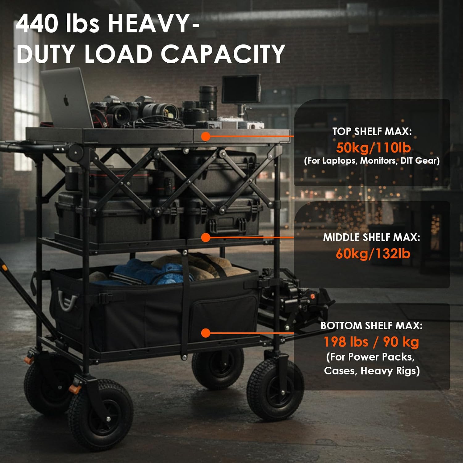 TARION Video Production Camera Cart - Foldable Photography Dolly with Inflatable Rubber Wheels and Wider Top Shelf - Heavy Duty Mobile Workstation with Storage Bins for Film Crew - Titanrig Cart Pro