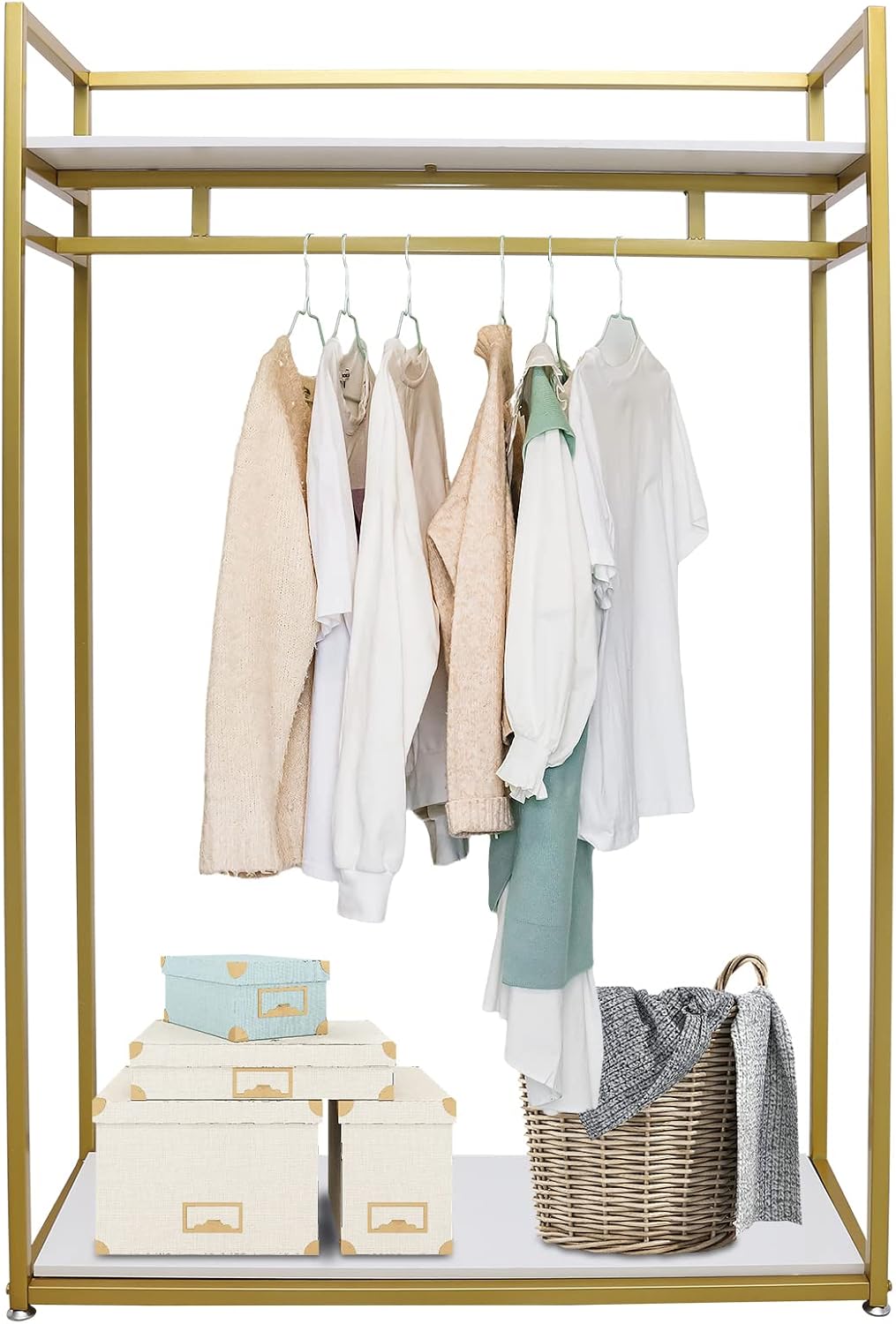 Open Garment Clothing Rack, Freestanding Standing Closet with Shelves Heavy Duty Shoes Bags Clothes Organizer Garment Rack Gold Hanging Clothing Rack for Small Spaces (47' L)