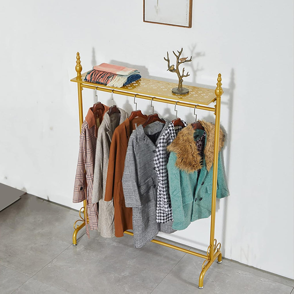 Display Clothing Garment Rack,Drying Clothing Metal Heavy Duty Organizer Storage Shelf Standing Metal Sturdy Hanger with Top Rod and Storage,for Hanging Clothes,Gold,A,80 * 40 * 165Cm