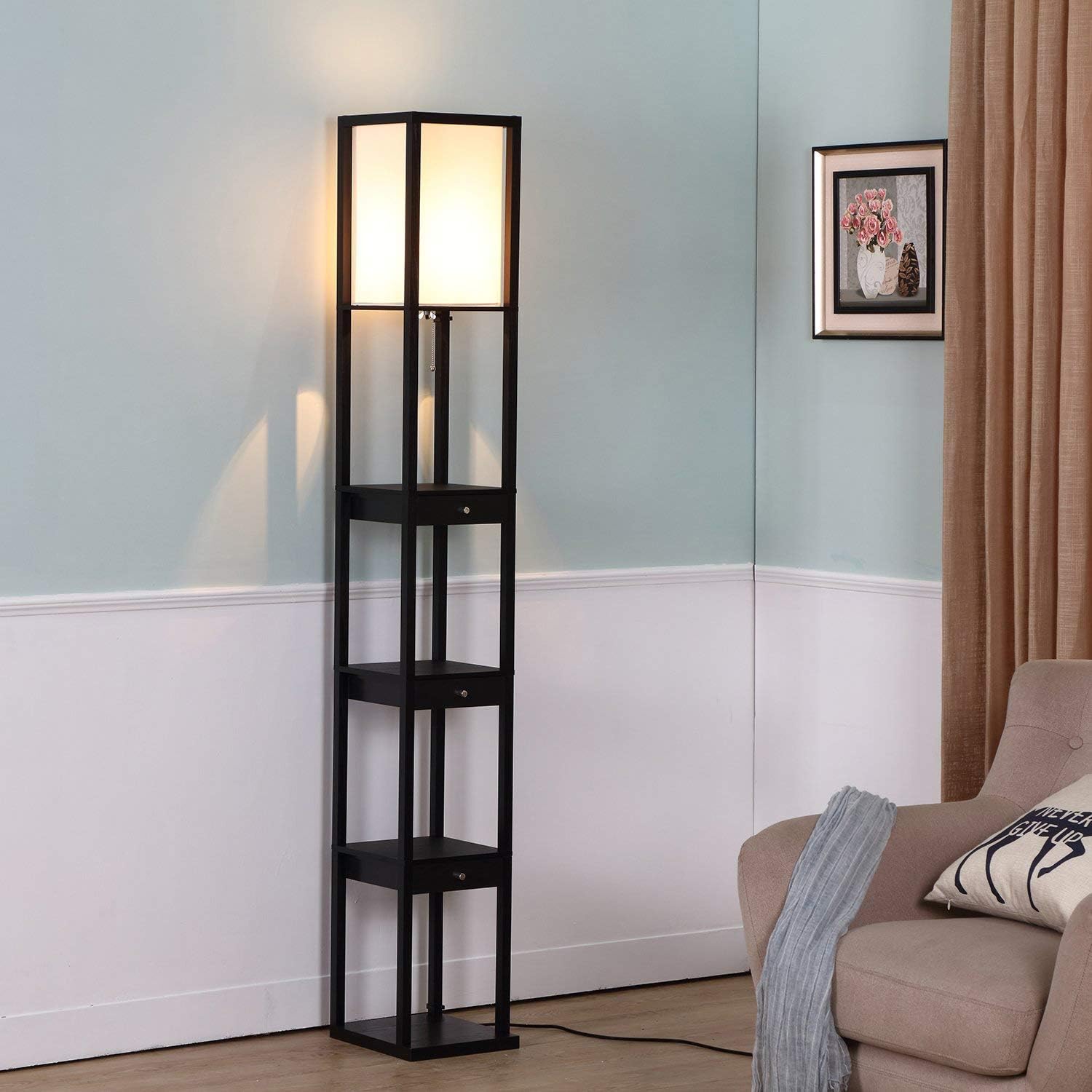 Brightech Maxwell Floor & Table Lamp Set of 2 - Modern Floor Lamp With Drawers And Nightstand Lamp with USB Port - Perfect for Bedrooms & Living Rooms, LED Bulb, Wood Frame, Soft Ambient Light - Black