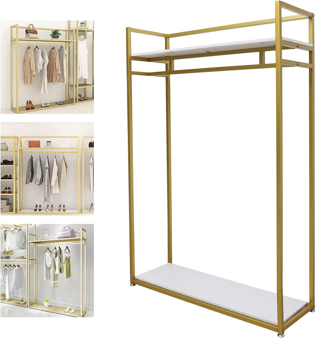 Heavy Duty Gold Clothing Rack, Gold Metal Freestanding Garment Rack with Shelves Clothing Display Rack Retail Shelves for Hanging Clothing Retail Display Clothes Shoes Bags