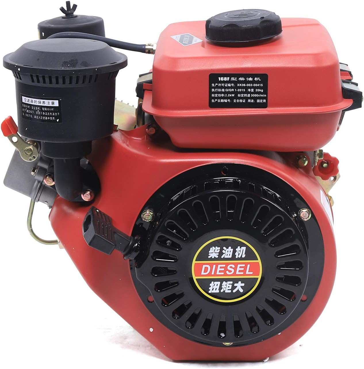 Diesel Engine 196CC 4 Stroke Single Cylinder Forced Air Cooling Horizontal Axis Engine Recoil Hand Start 53mm Shaft Length 3000RPM 2.2KW (Red)