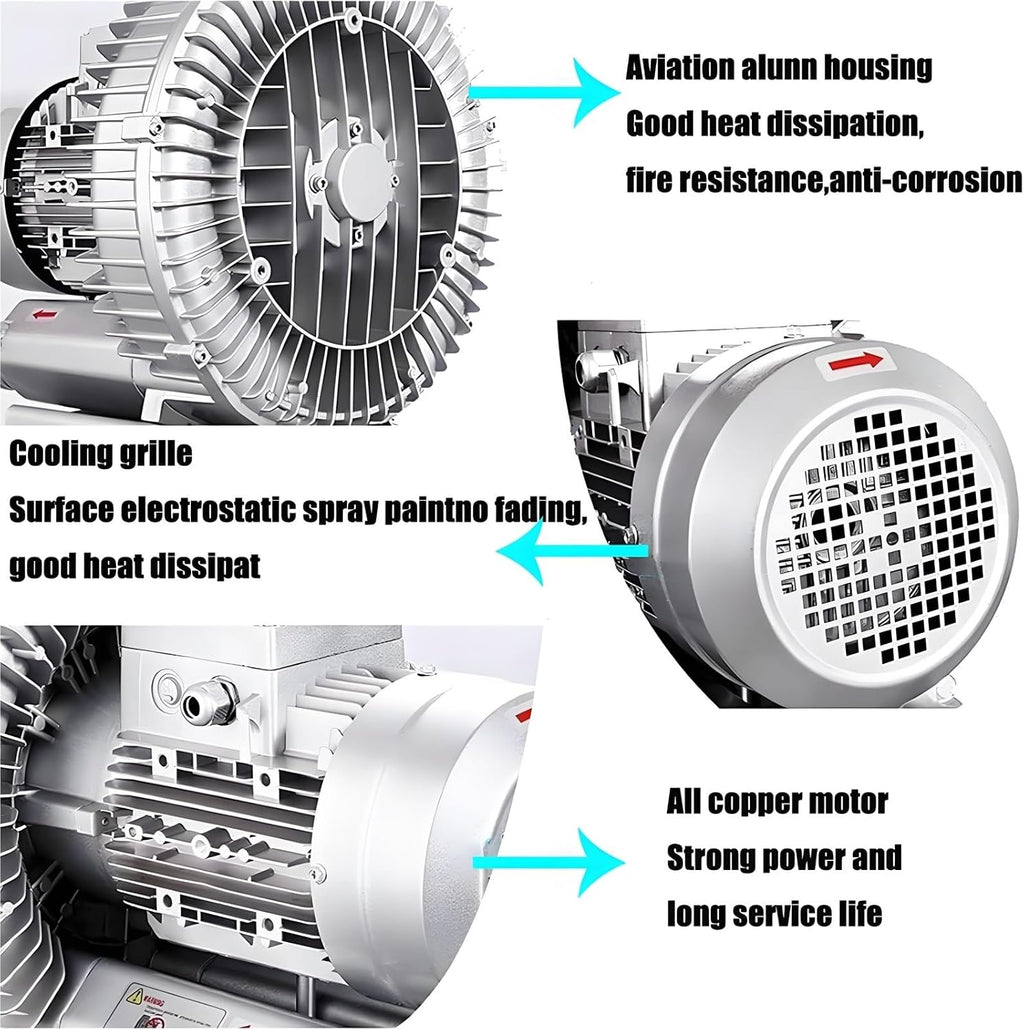 Regenerative Blower 120W-1500W 110V/220V/380V Single Phase/Three-Phase, Aluminum Alloy High-Pressure Vortex Ring Blower, Vortex Ring Blower Industrial Vacuum Pump for Air Blowing(1.1KW/380V)