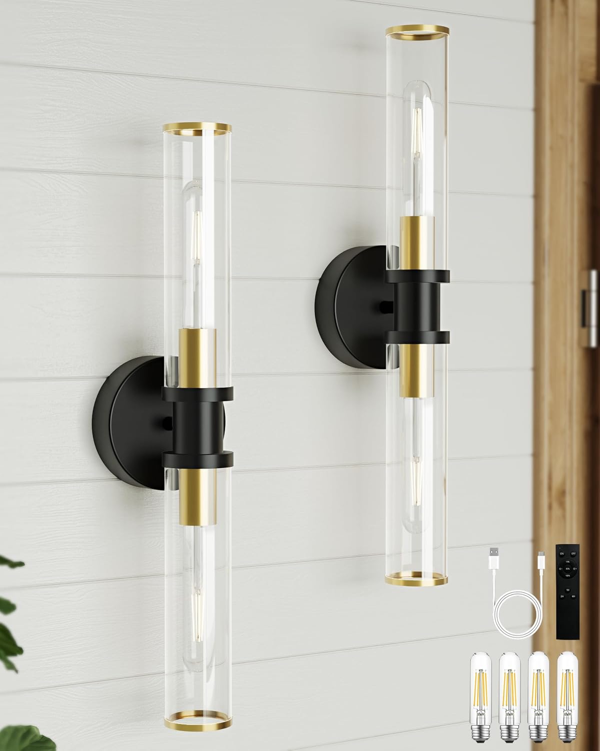 Rayogale Black & Gold Wireless Battery Operated Wall Sconces with Remote | Glass Rechargeable Wall Lights Set of 2 with Timer Function Dimmable for Living Room Bedroom Emergency 3000K, 20.5 Inch