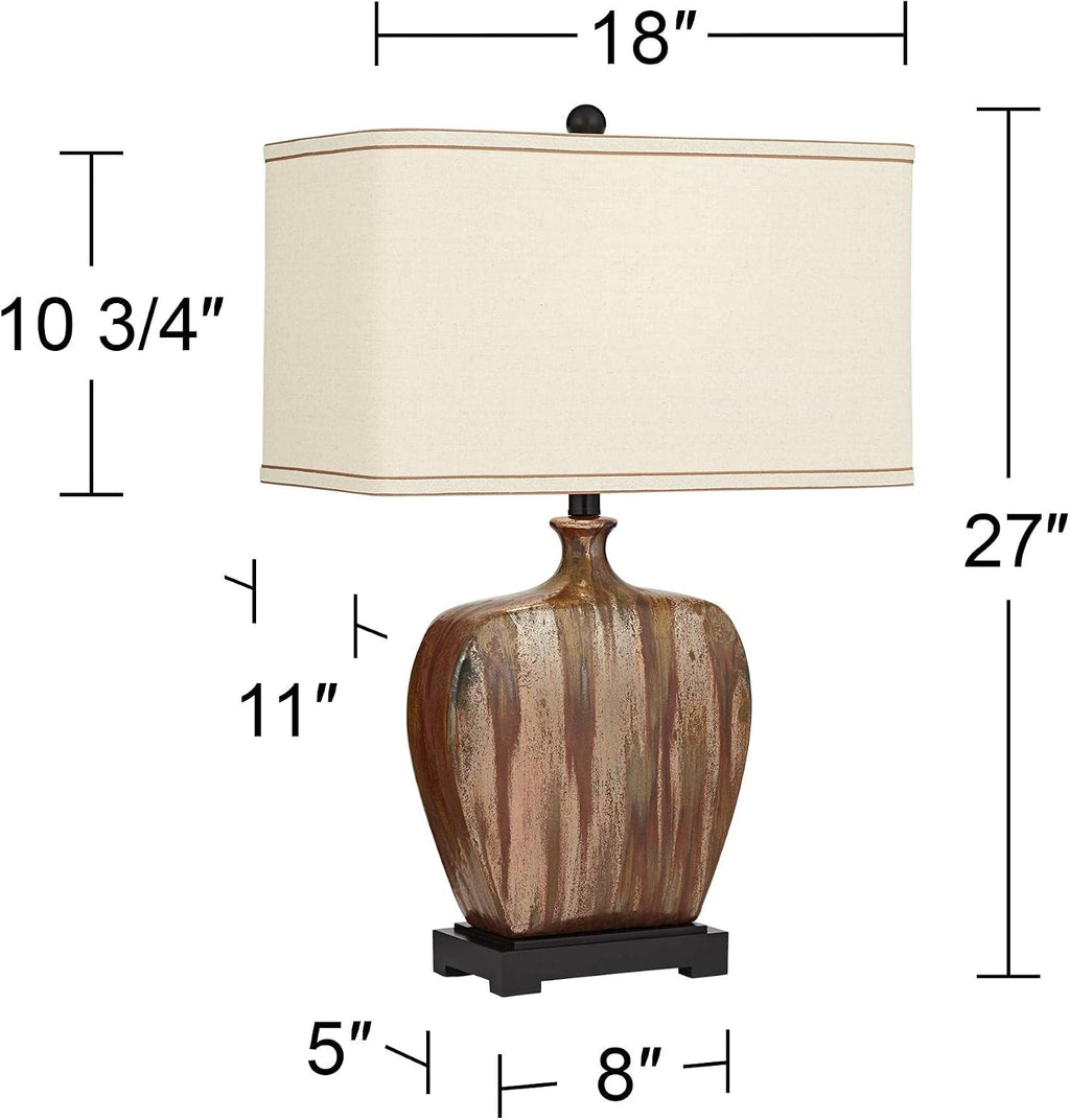 Possini Euro Design Julius Modern Rustic Style Table Lamps 27' Tall Set of 2 Ceramic Copper Drip Rectangular Fabric Shade Decor for Living Room Bedroom House Bedside Nightstand Home Office Reading