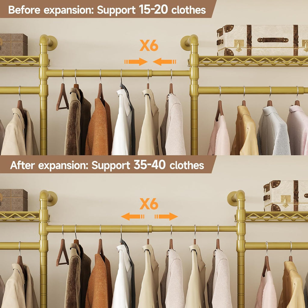 Wall Mounted Garment Rack, Industrial Pipe Clothing Rack, Closet System with 6 Expandable Rods, Walk in Closet Shelving, Clothes Organizers and Storage, Hanging Racks Wardrobe Renovation, Gold
