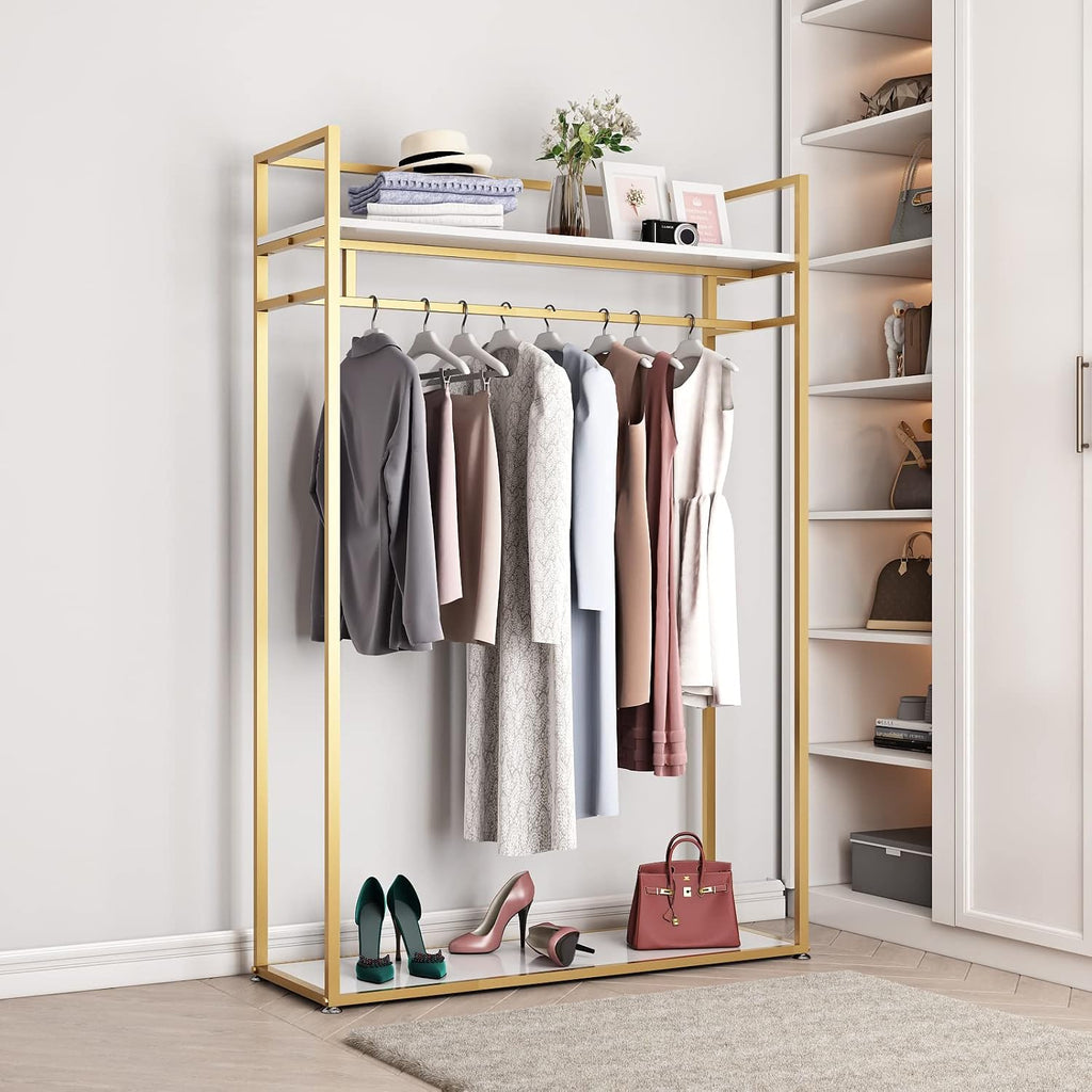 Heavy Duty Clothing Rack with Shelves for Hanging Clothing, Gold Metal Freestanding Garment Rack for Retail Display (47.24' L)