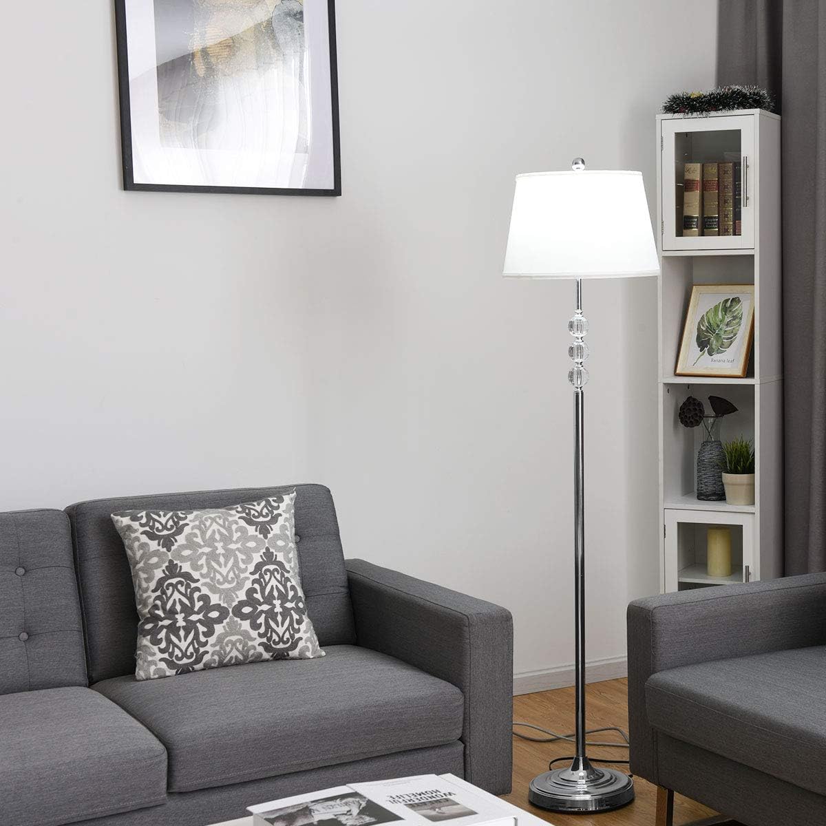 Goplus Tangkula 3-Piece Lamp Set with One Floor Lamp and Two Table Lamps Modern Home Living Room Bedroom Lamps with White Fabric Shades, Chrome Finished