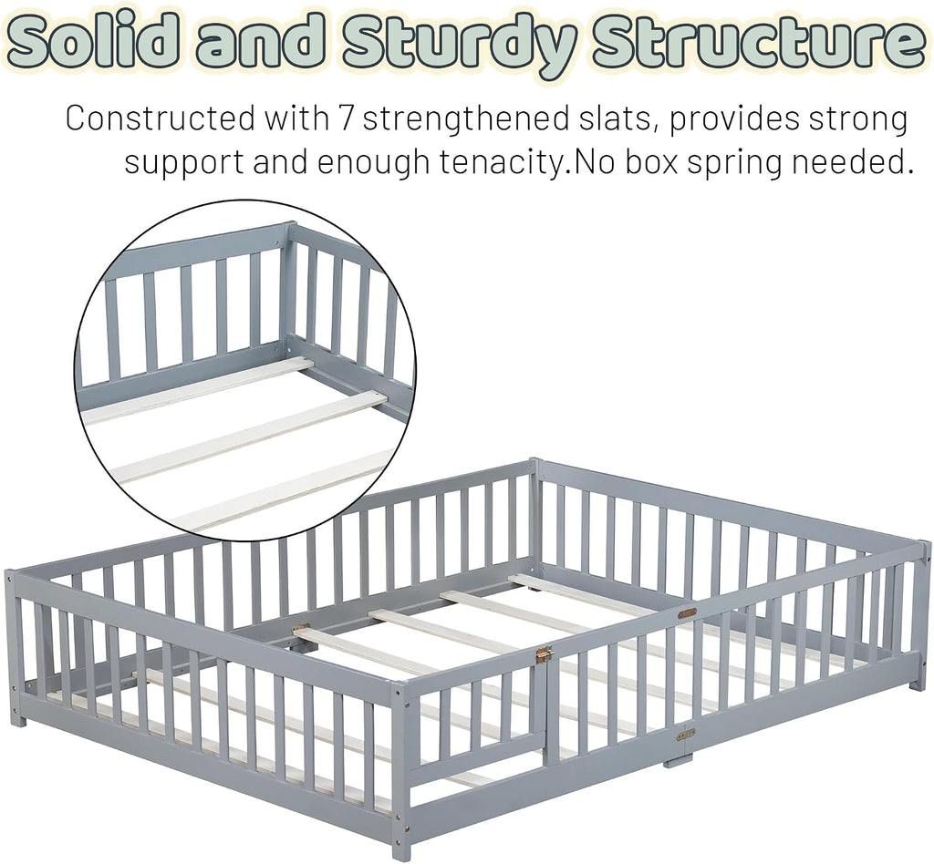 Queen Floor Bed with Safety Guardrails for Kids, Rubber Wood Montessori Bed with Slats and Convertible Door,Queen Size Bed Frame for Girls and Boys,No Box Spring Needed,Grey