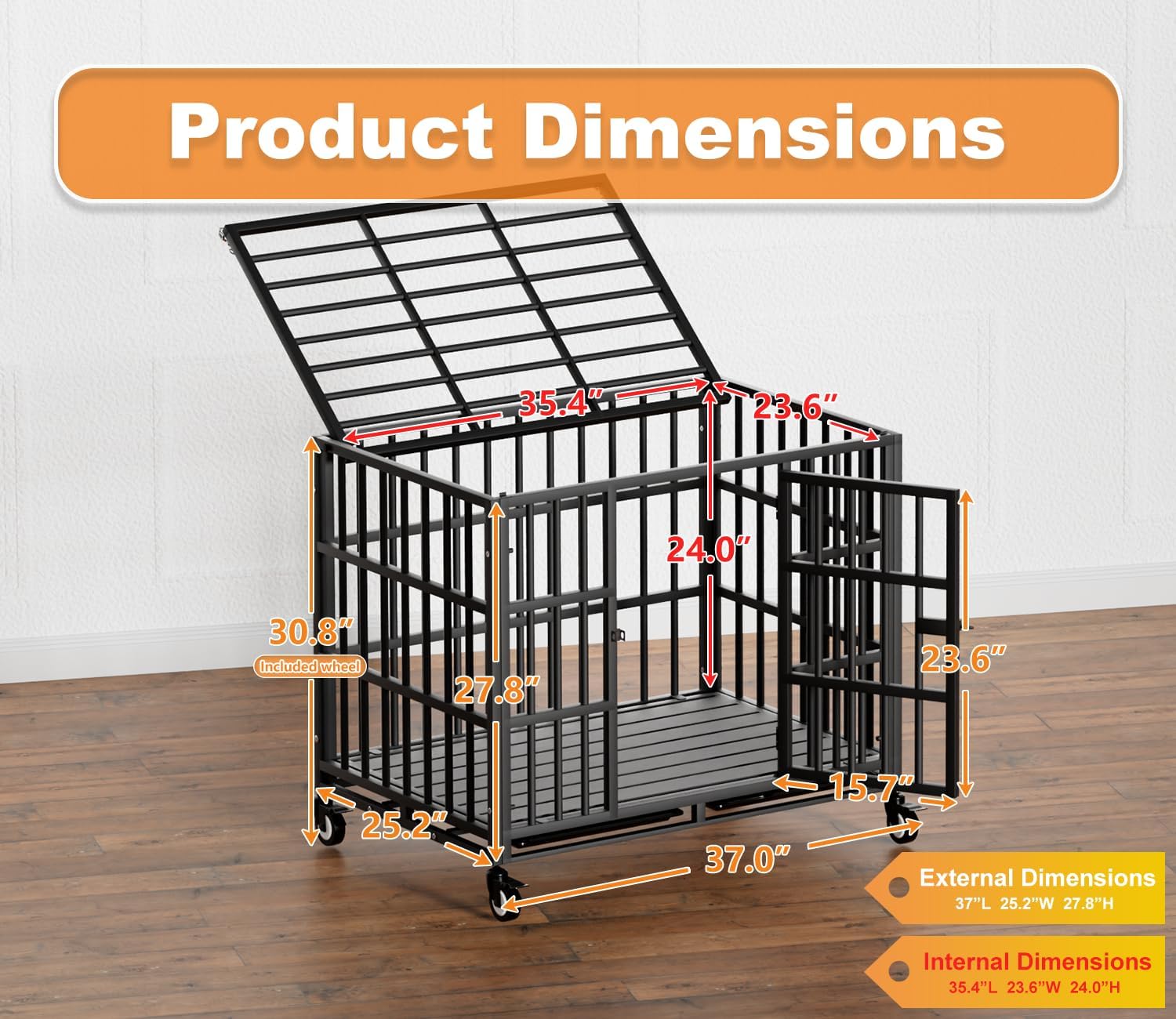 37 Inch Heavy Duty Dog Crate with Wheels,Indestructible Escape-Proof Dog Kennel with Locking Latch and Double Door,Extra Large XL XXL Crate Indoor for Large and Medium Dog with Removable Tray