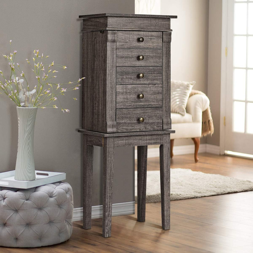 HOMGX 5 Drawers Jewelry Armoire Cabinet, Standing Jewelry Storage Chest with Mirror, 8 Necklace Hooks Wooden Jewelry Organizer, Bedroom Jewelry Furniture with 2 Side Swing Doors, Grey