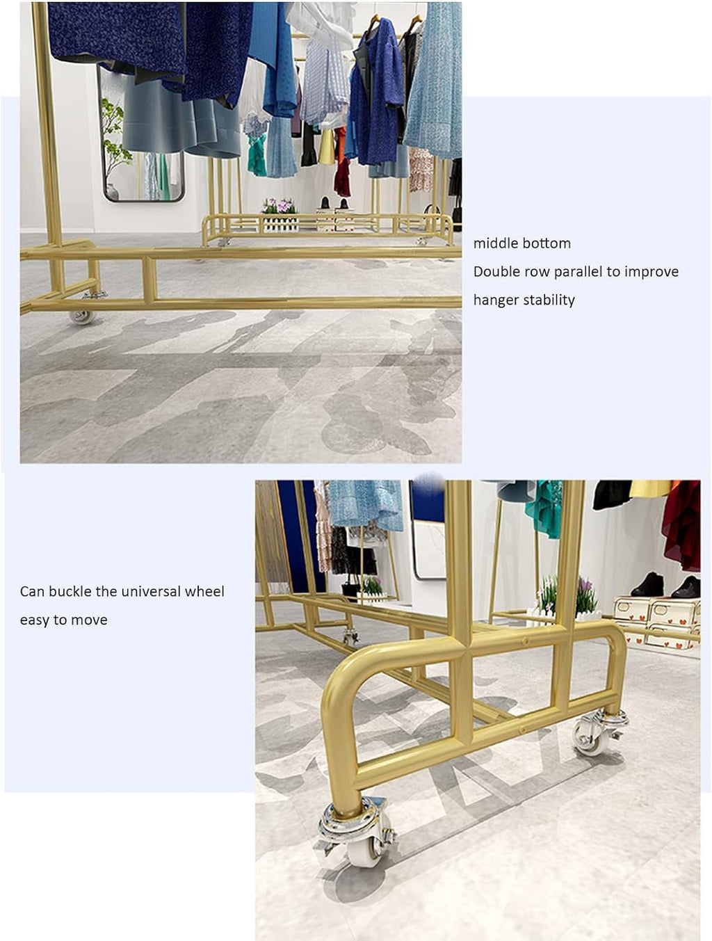 Industrial Pipe Clothing Store Heavy Duty Garment Racks with Wheel,Floor-Standing Garment Display Stand Double Rail Retail Clothing Rack,Commercial Metal Garment Rack for Hanging Clothes (Gold L100*