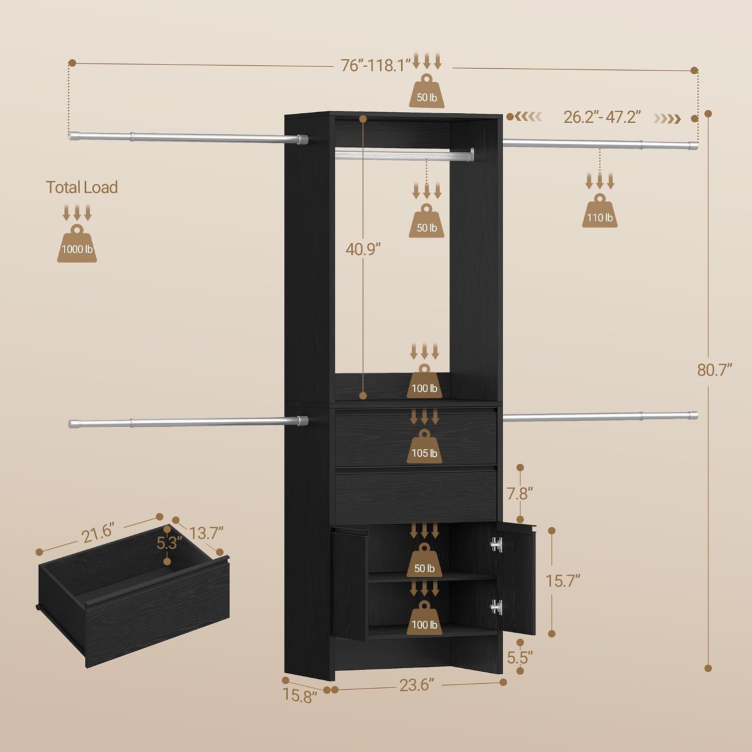 Hzuaneri Closet System with 2 Drawers, Walk-in Closet Organizer System Wooden Storage Systems with 4 Hang Rods & Shoe Cabinet, Wardrobe Clothes Rack Garment Rack Fits Spaces 6-10 ft, Black MC00104B