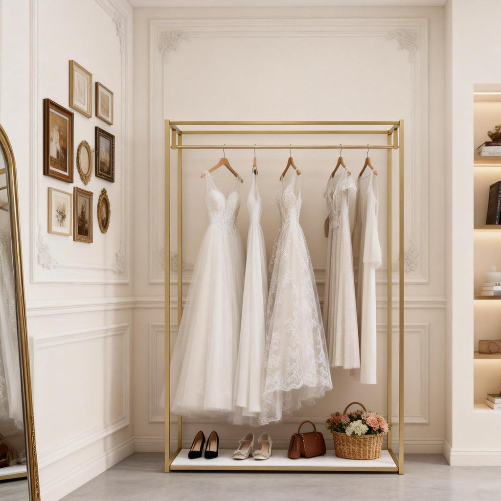 Heavy Duty Gold Clothing Rack with Shelves for Hanging Clothing Wedding Dress Retail Studio Display Stand Metal Freestanding Garment Rack for Shoes, Bags, Retail Studio, Wedding Dress 47.2x15.8x66.9in