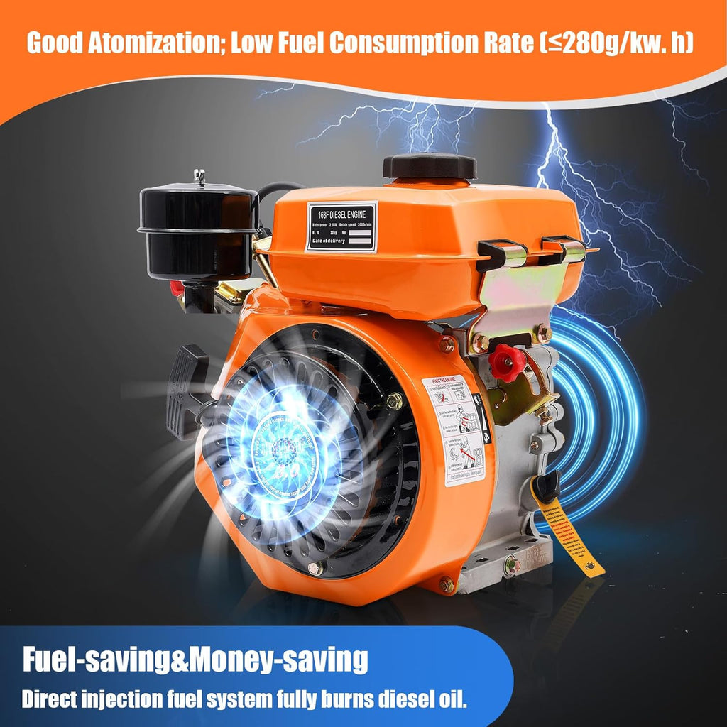 196CC 4 Stroke Diesel Engine, 168F 2200W Single Cylinder Air Cooled Diesel Engine, Small Diesel Engine Manual Start Single-Valve Fuel Injection for Water Pumps Cultivators Tiller