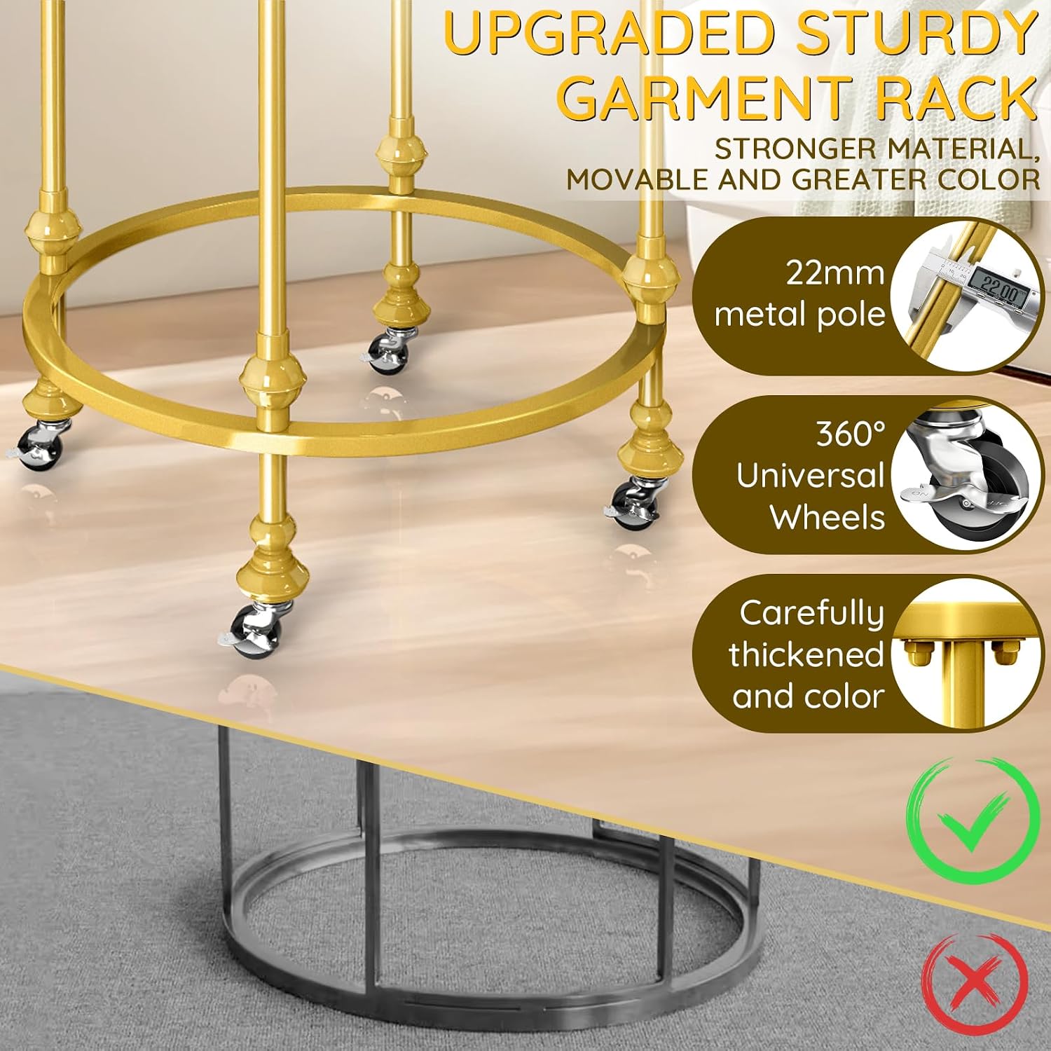 Rolling Round Garment Rack, Freestanding Double Space Multi-Purpose Retail Clothing Rack with Wheels and Topper, Heavy Duty Commercial Clothing Organizer for Retail Boutique Bedroom (Gold)