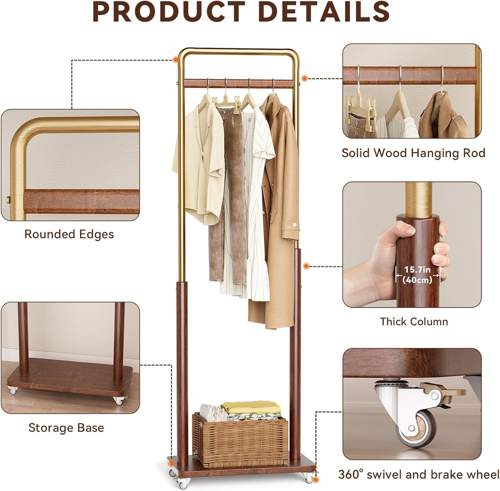 Taitiy Clothes Rack Solid Wood Coat Rack, Metal and Solid Wood Combination Clothing Rack with Wheels for Entryway, Bedroom, Living Room, Coat Racks Freestanding for Hanging Clothes Garment Scarf