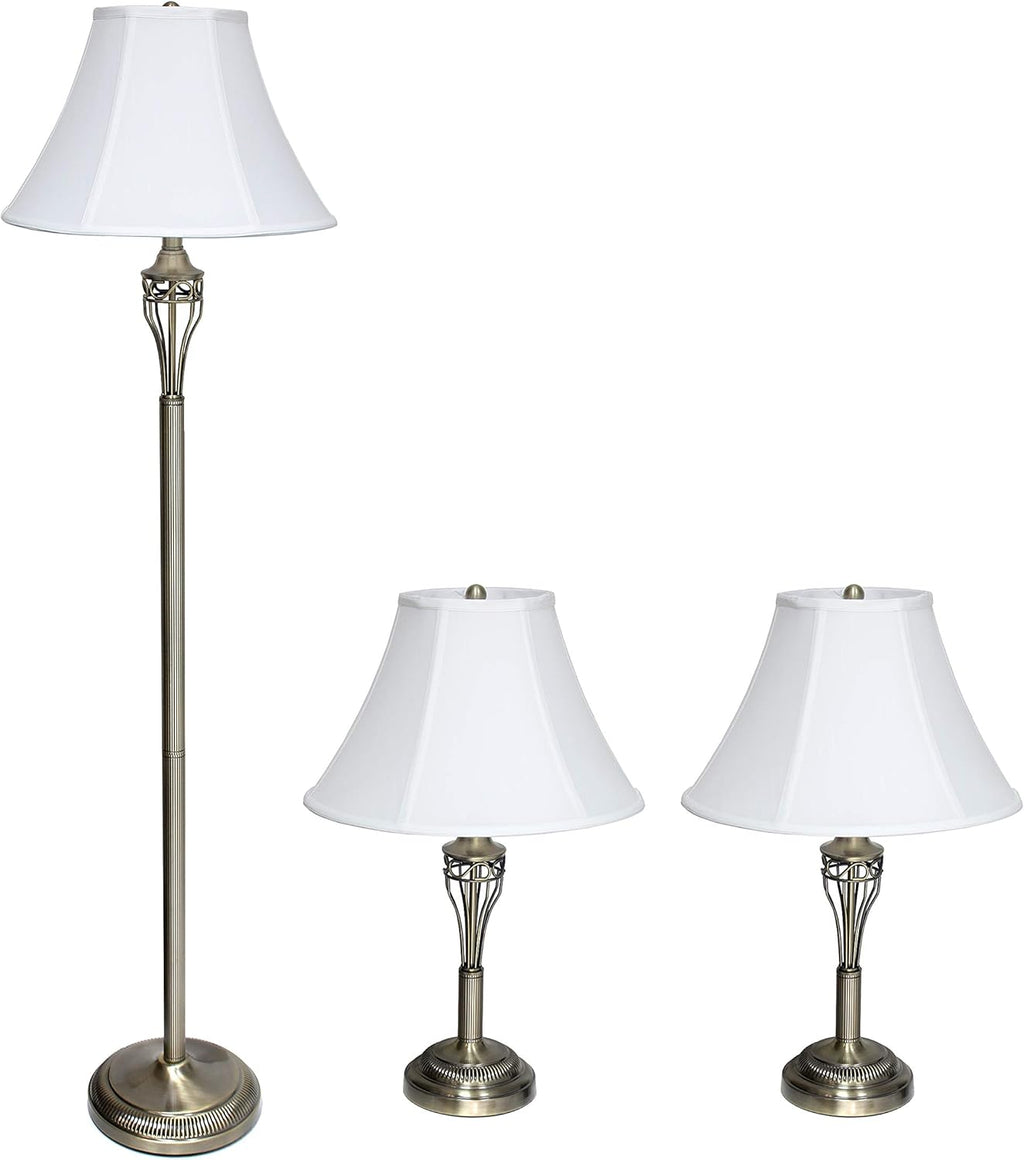 Elegant Designs LC1001-ABS Antique Brass Three Pack Lamp Set (2 Table Lamps, 1 Floor Lamp) with Fabric White Bell Shaped Shades