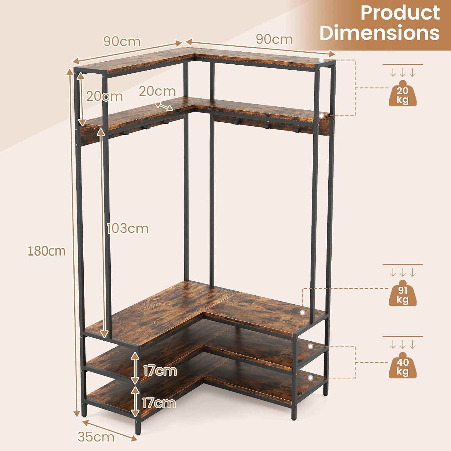 Multigot L-shaped Clothes Rack, Freestanding Corner Garment Rack Hall Tree with Shoe Storage Bench, Shelves and 7 Hooks, Metal Frame Coat Rack Stand Closet Storage Organizer (Rustic Brown+Black)