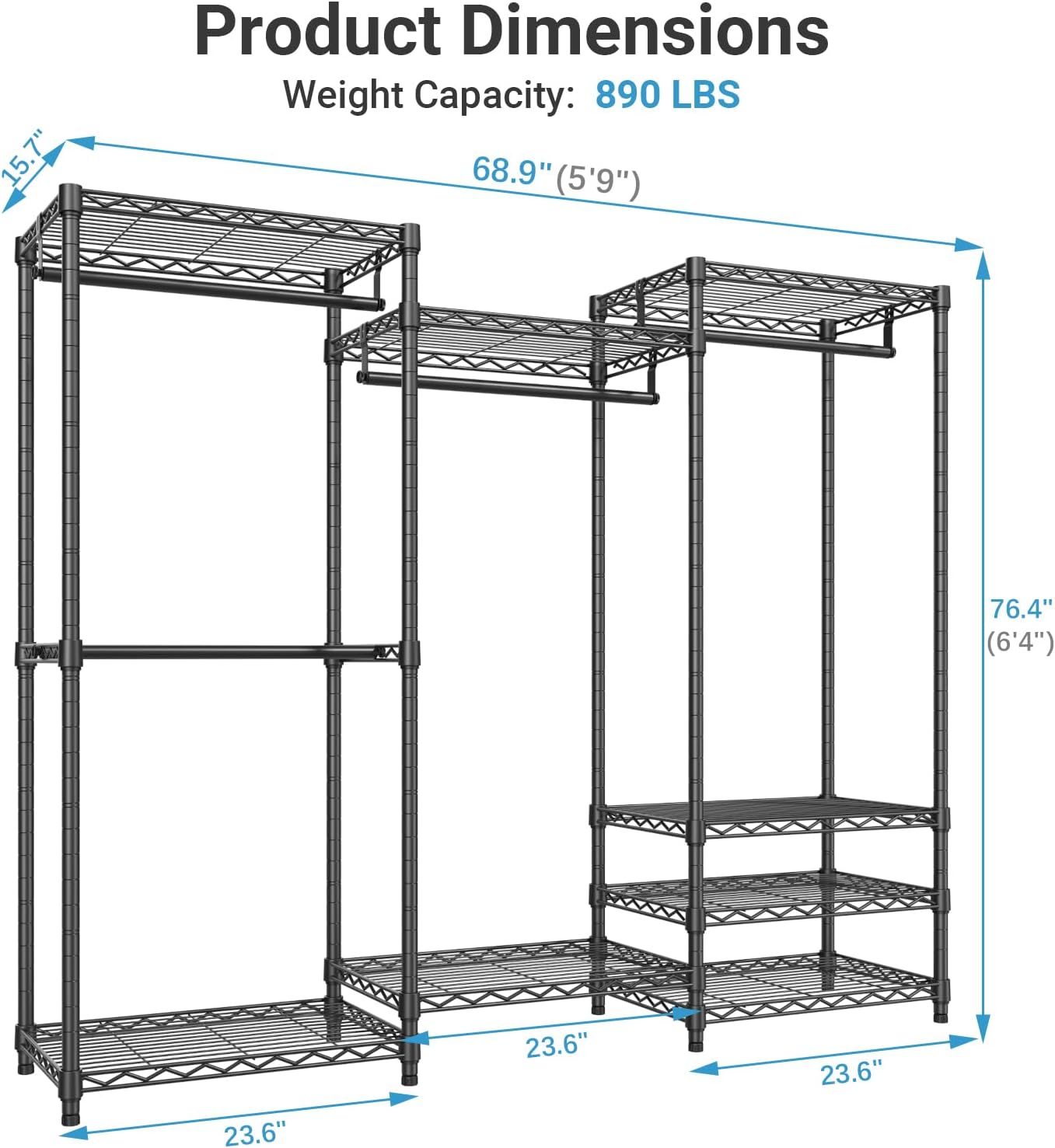 VIPEK V5C Heavy Duty Covered Clothes Rack Portable Closet Rack, Black Metal Clothing Rack with Black Upgarded Polyester Cover, Adjustable Custom Freestanding Closet Wardrobe, Max Load 800LBS