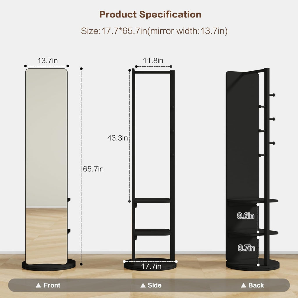 BOWEI Solid Wooden Mirror Coat Rack, Full Length Mirror with Coat Rack, Hall Coat Tree with Hooks and Storage Shelf for Coats, Hats, Bags, for Entryway, Hallway, Bedroom (Black)