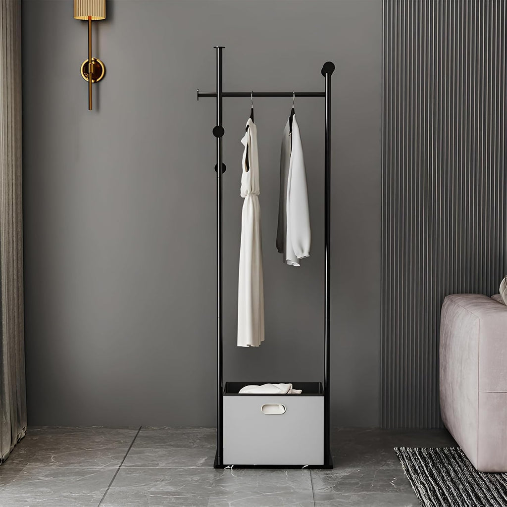 JIAYUEJU Heavy Duty Clothes Rack with Basket & Marble Base, Clothing Rack for Hanging Clothes, Coat Rack Freestanding for Entryway Bedroom Living Room Hotel 13.39' D x 19.69' W x 68.9' H (Black)