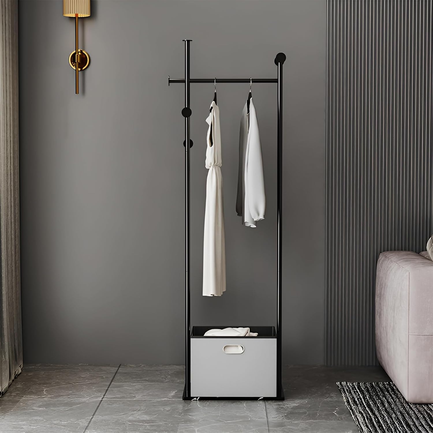 JIAYUEJU Heavy Duty Clothes Rack with Basket & Marble Base, Clothing Rack for Hanging Clothes, Coat Rack Freestanding for Entryway Bedroom Living Room Hotel 13.39' D x 19.69' W x 68.9' H (Black)