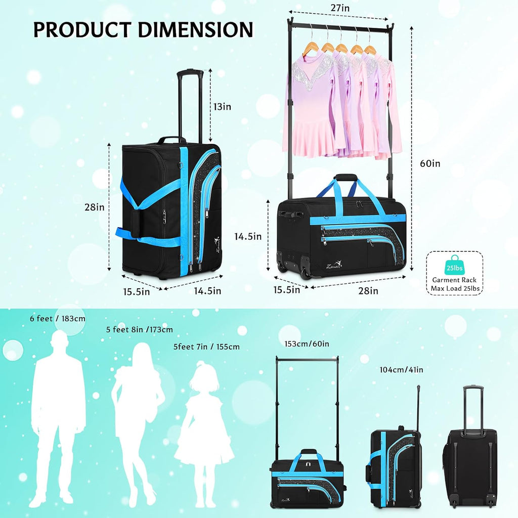 Dance Bag with Garment Rack - 28 Inch Professional Dance Competition Duffle Bag with Rack - Wheeled Dance Suitcase with Multiple Pockets for Dancers, Athlete, Travelers, and Livestreamer