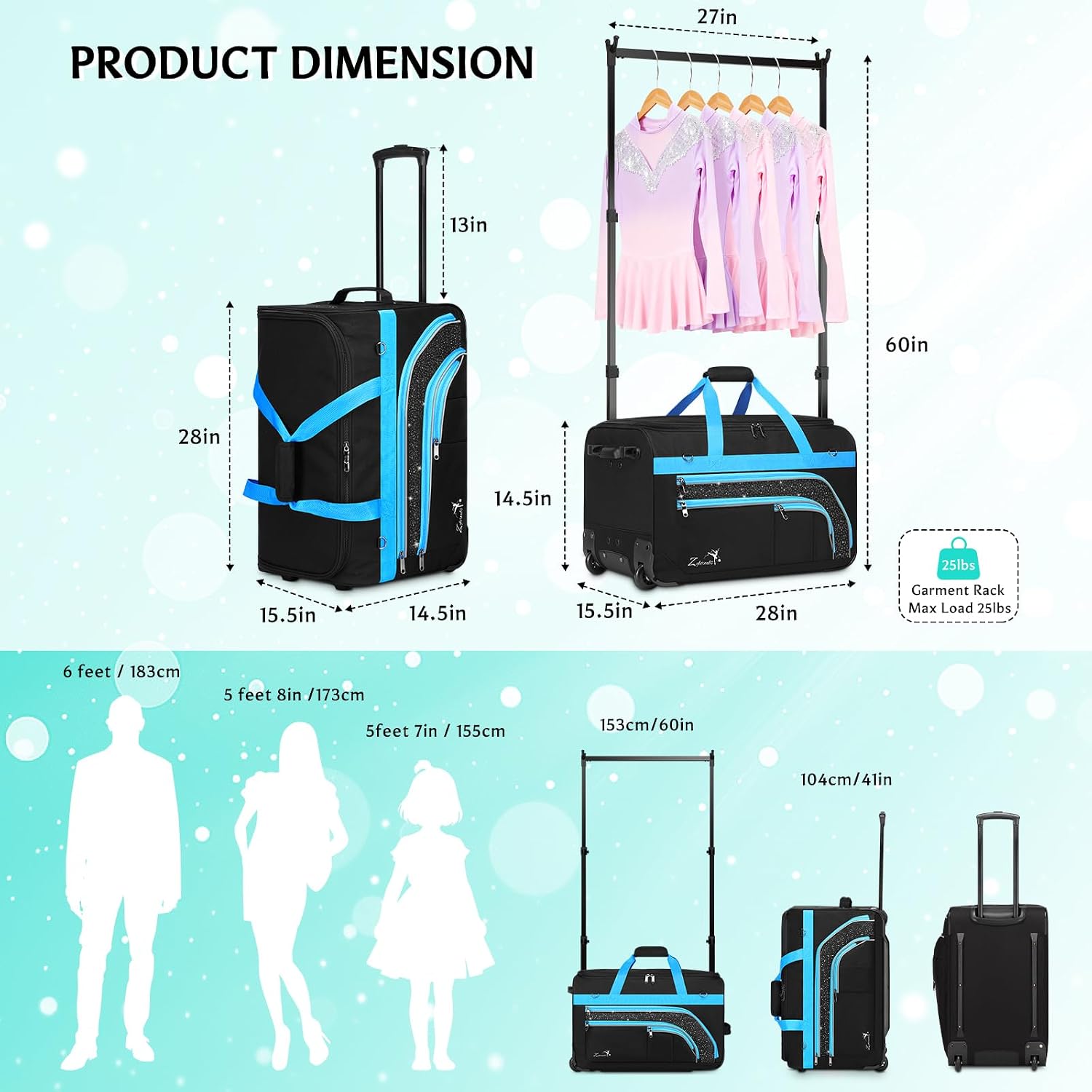 Dance Bag with Garment Rack - 28 Inch Professional Dance Competition Duffle Bag with Rack - Wheeled Dance Suitcase with Multiple Pockets for Dancers, Athlete, Travelers, and Livestreamer