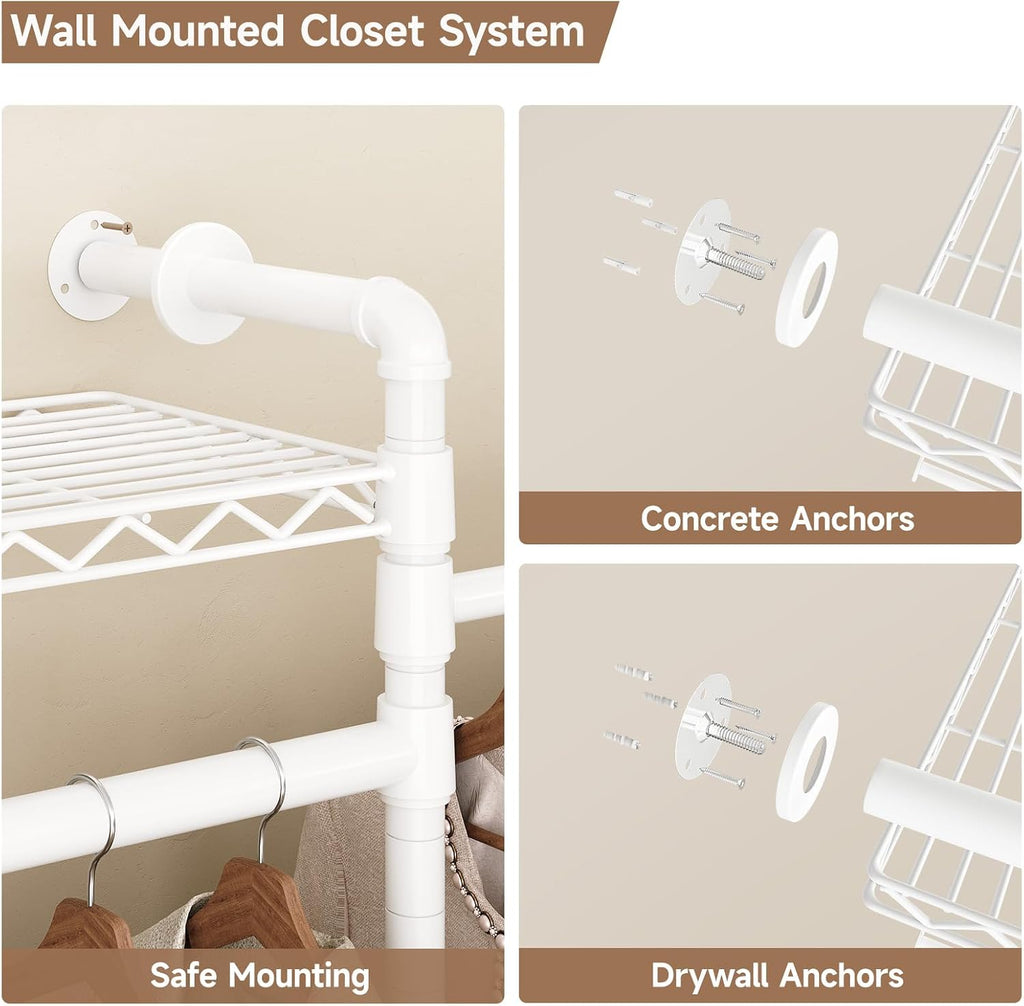 Wall Mounted Garment Rack, Industrial Pipe Clothing Rack, Closet System with 6 Expandable Rods, Walk in Closet Shelving, Clothes Organizers and Storage, Hanging Racks Wardrobe Renovation, White