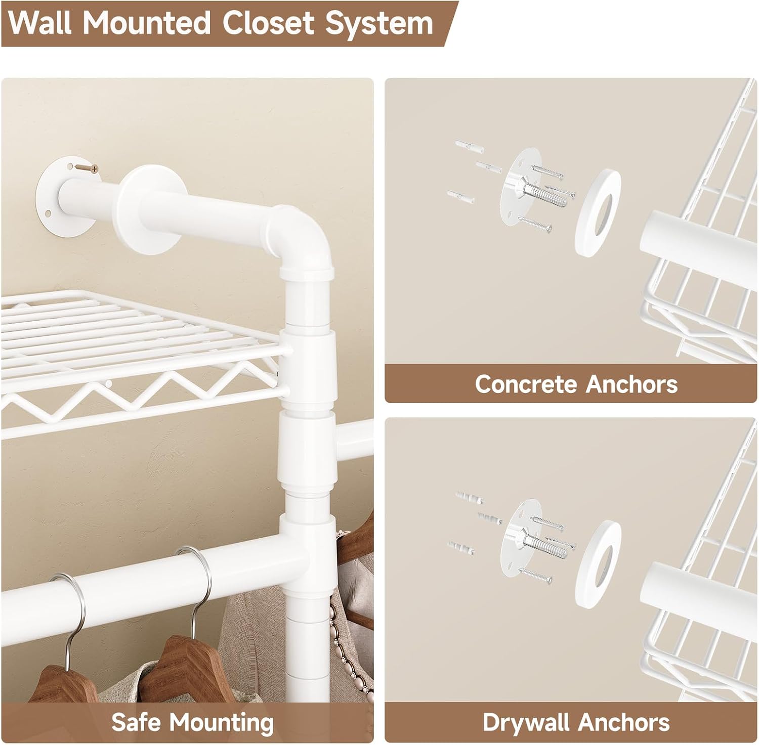 Wall Mounted Garment Rack, Industrial Pipe Clothing Rack, Closet System with 6 Expandable Rods, Walk in Closet Shelving, Clothes Organizers and Storage, Hanging Racks Wardrobe Renovation, White