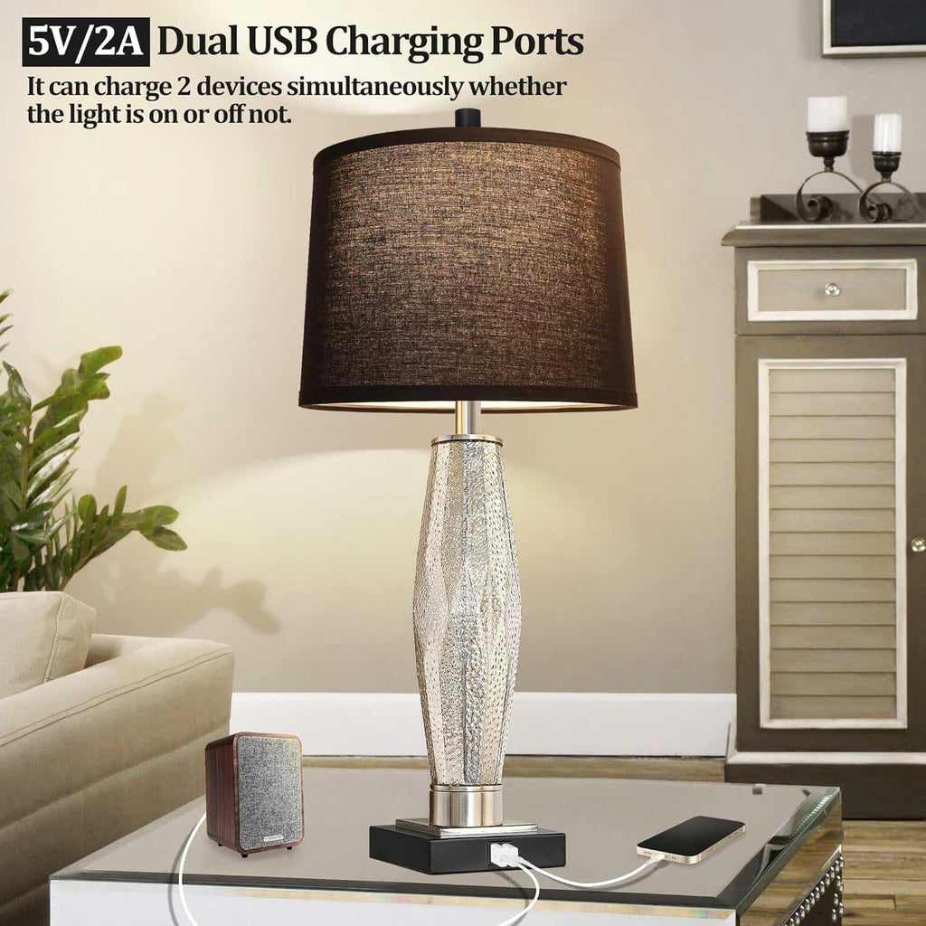 Table Lamps Set of 2, Modern Bedroom Lamps with USB A+C Charging Ports, 3-Color Temperature Bedside Lamps with LED Bulbs, Glass & Metal Nightstand Lamps with Black Fabric Shade for Living Room