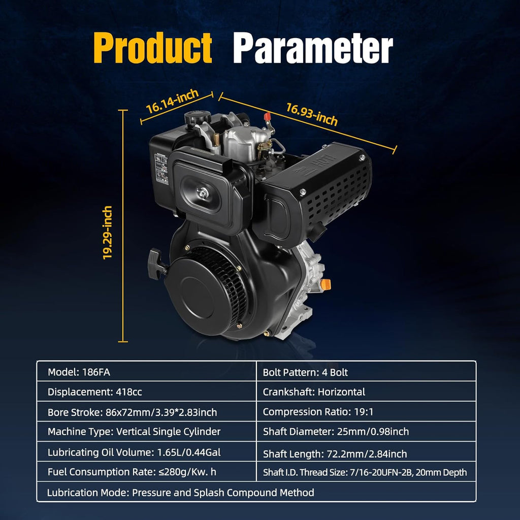 10HP Diesel Engine, 6300W 418CC Diesel Motor Engine 4 Stroke Heavy Duty Single Cylinder Air-Cooled Diesel Motor Vertical Shaft Diesel Engine For Tillers Generators Lawn Mower 3600RPM (10HP 6300W)