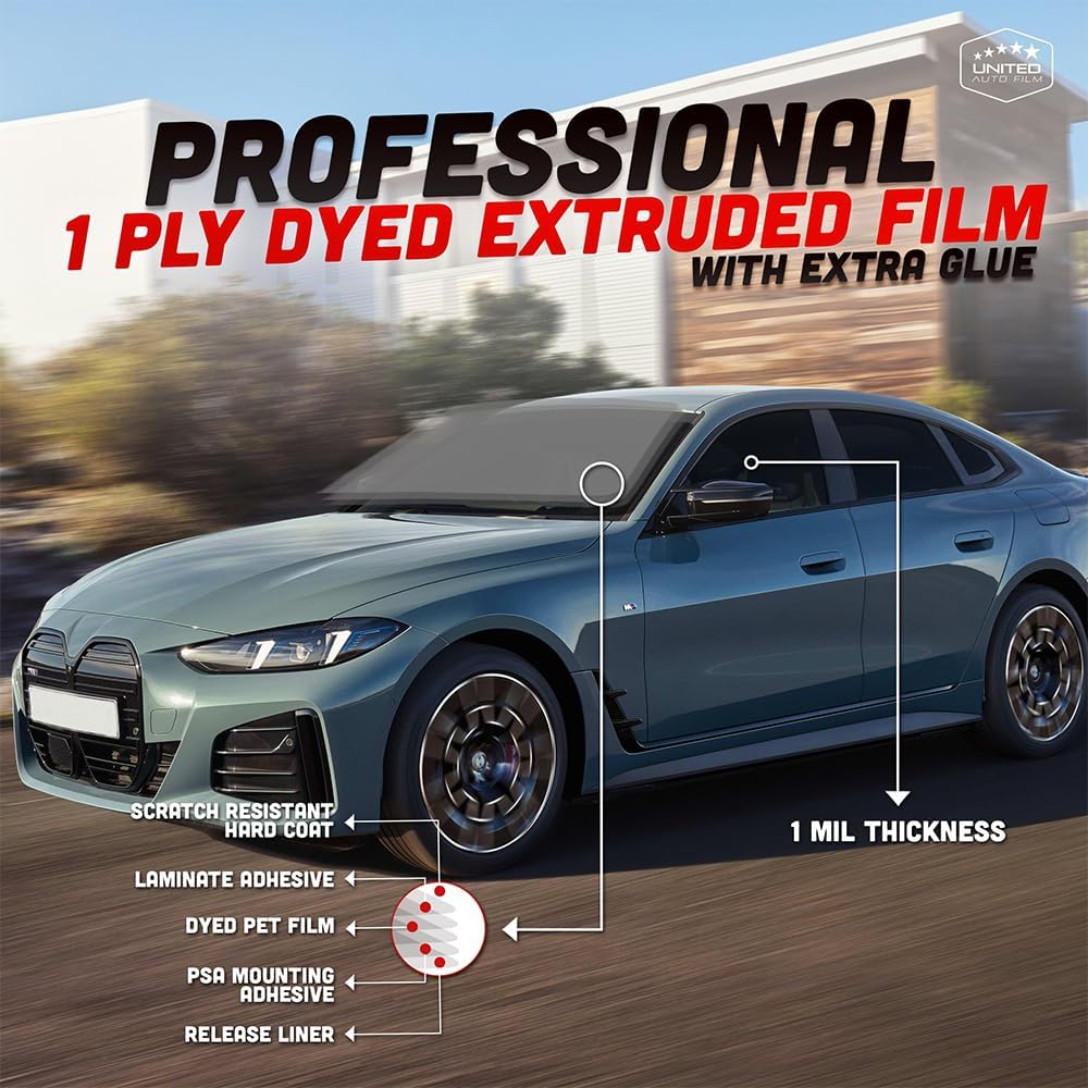 United Professional 1Ply Window Tint Film - 36' x100', 15% VLT Upgraded Dyed PET Film, 1 mil Thickness, 99% UV Block, Deep Shade Privacy Window Tint for Car, Truck, SUV, Home – Heat & Glare Control