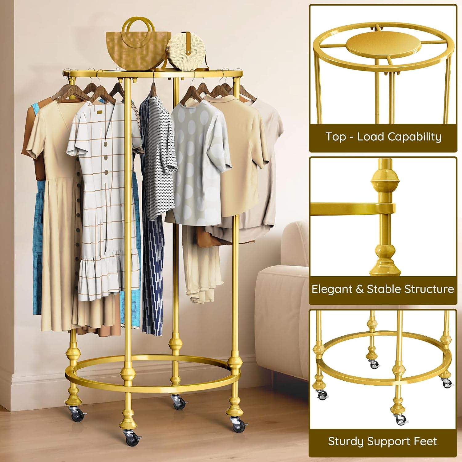 Rolling Round Garment Rack, Freestanding Double Space Multi-Purpose Retail Clothing Rack with Wheels and Topper, Heavy Duty Commercial Clothing Organizer for Retail Boutique Bedroom (Gold)