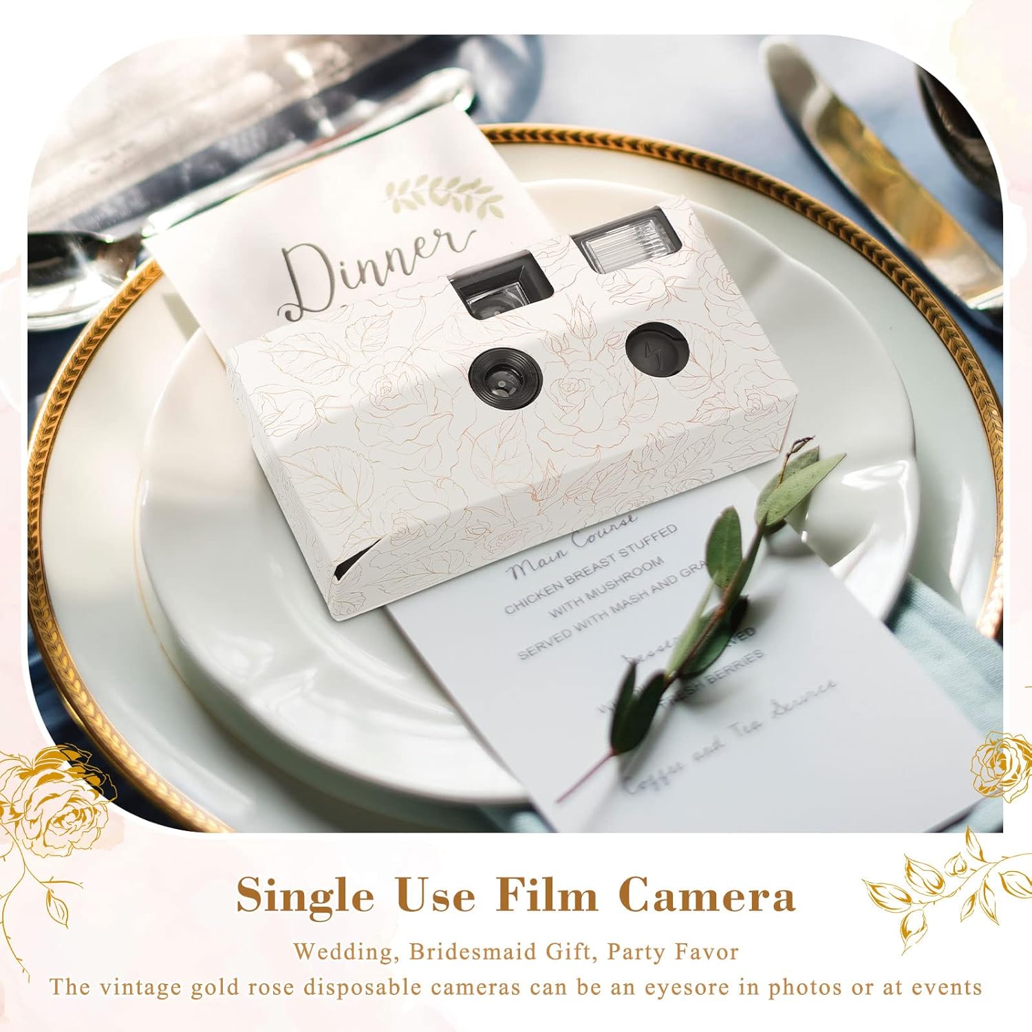 Zhengmy 10 Pack Disposable Camera Bulk for Wedding, 35mm Single Use Camera Bulk with Flash One Time for Gathering Wedding Travel(Gold Rose,Retro Color Film)