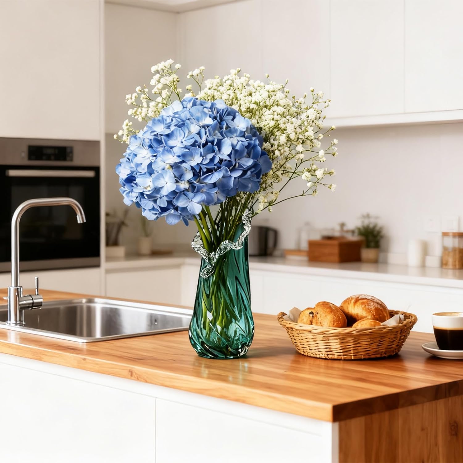 Vases Home Decor - 13In Crystal Vase, Glass Blue Vase, Flower Holders for Bouquet, Centerpieces & Single Stems, Tall for Roses, Dried Flowers, Pampas Grass, Fits Living Room Bedroom Office (S)