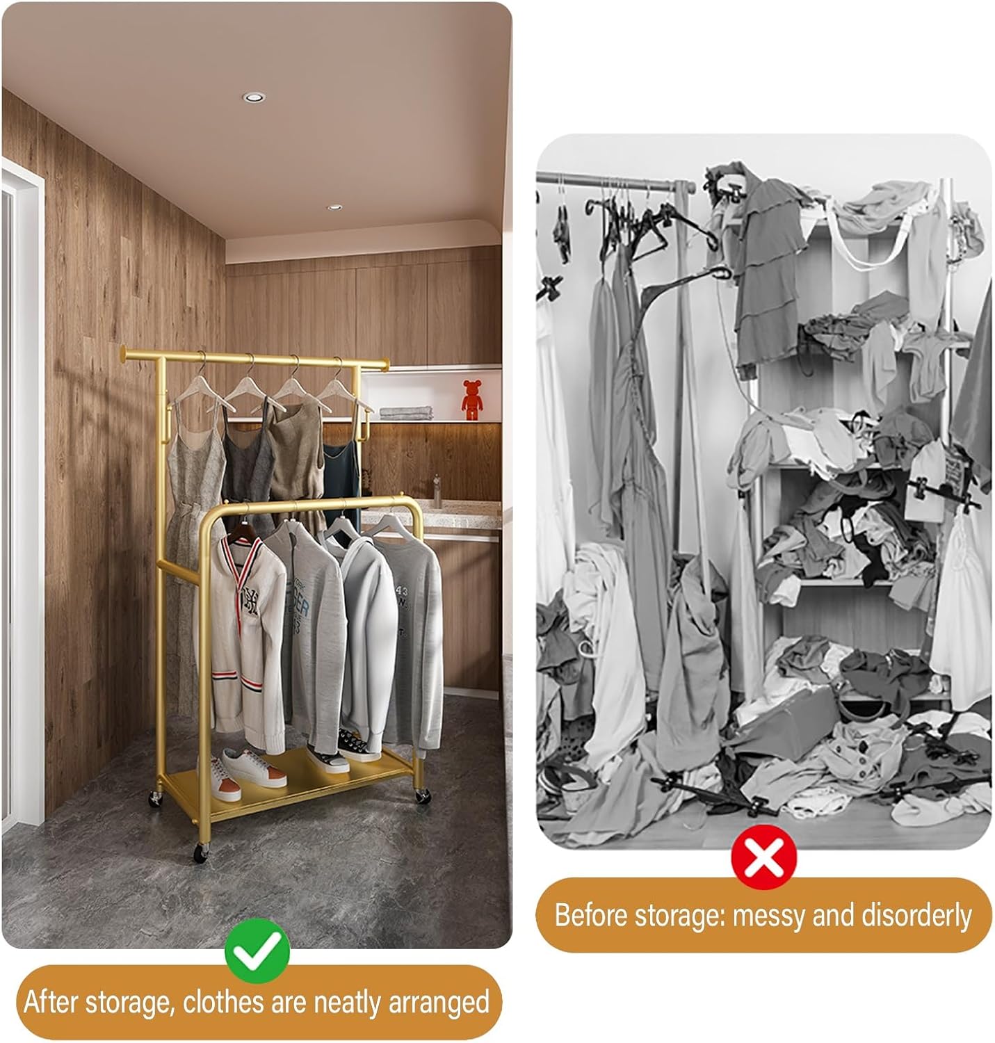 Double Rods Clothes Rack with Wheels,Heavy Duty Garment Racks for Hanging Clothes,Metal Portable Clothing Rack,Sturdy Coat Rack for Bedroom(Gold,100cm/39.4in)