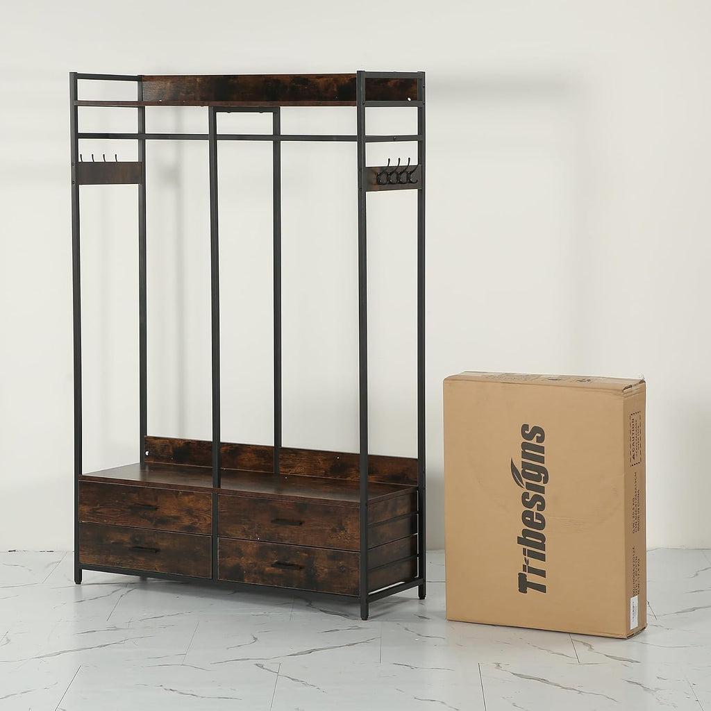 Tribesigns Freestanding Closet Organizer for Hanging Clothes, Heavy Duty Garment Rack with 4 Drawers, 8 Hooks and Storage Shelves, Wardrobe Closet Clothing Rack for Bedroom, Living Room, Rustic Brown