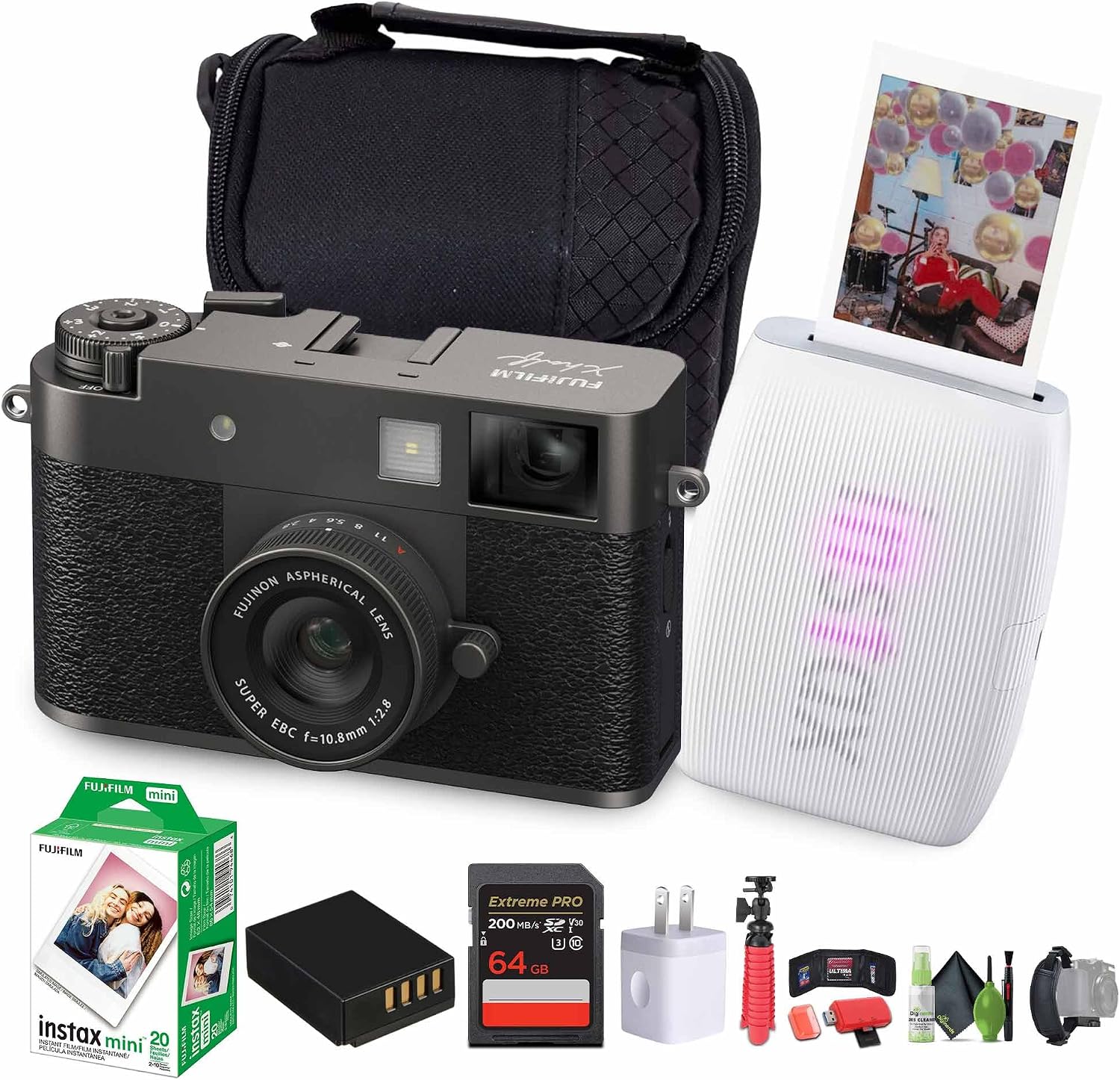 FUJIFILM X Half Premium Compact Digital Camera (Charcoal Silver) Bundle with Fuji Link 3 Smartphone Printer (Clay White) + Instax Mini Film + 64GB Memory Card + Flexible Tripod + Cleaning Kit + More