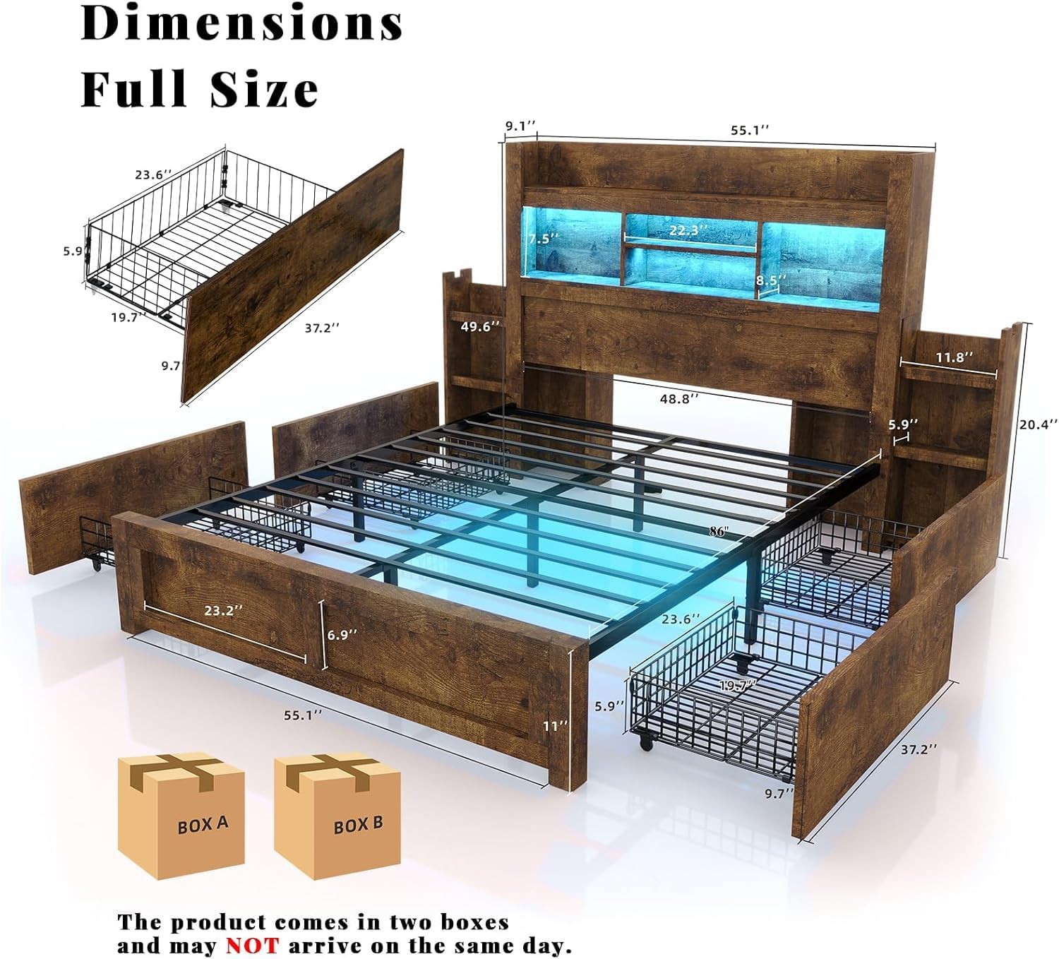 LUXOAK Full Bed Frame with 49.6' Bookcase Headboard & 2 Bedside Stoage Racks & 4 Drawers, Farmhouse Wood Bed Frame with RGB LED & Charging Station, No Box Spring Needed, Rustic Brown