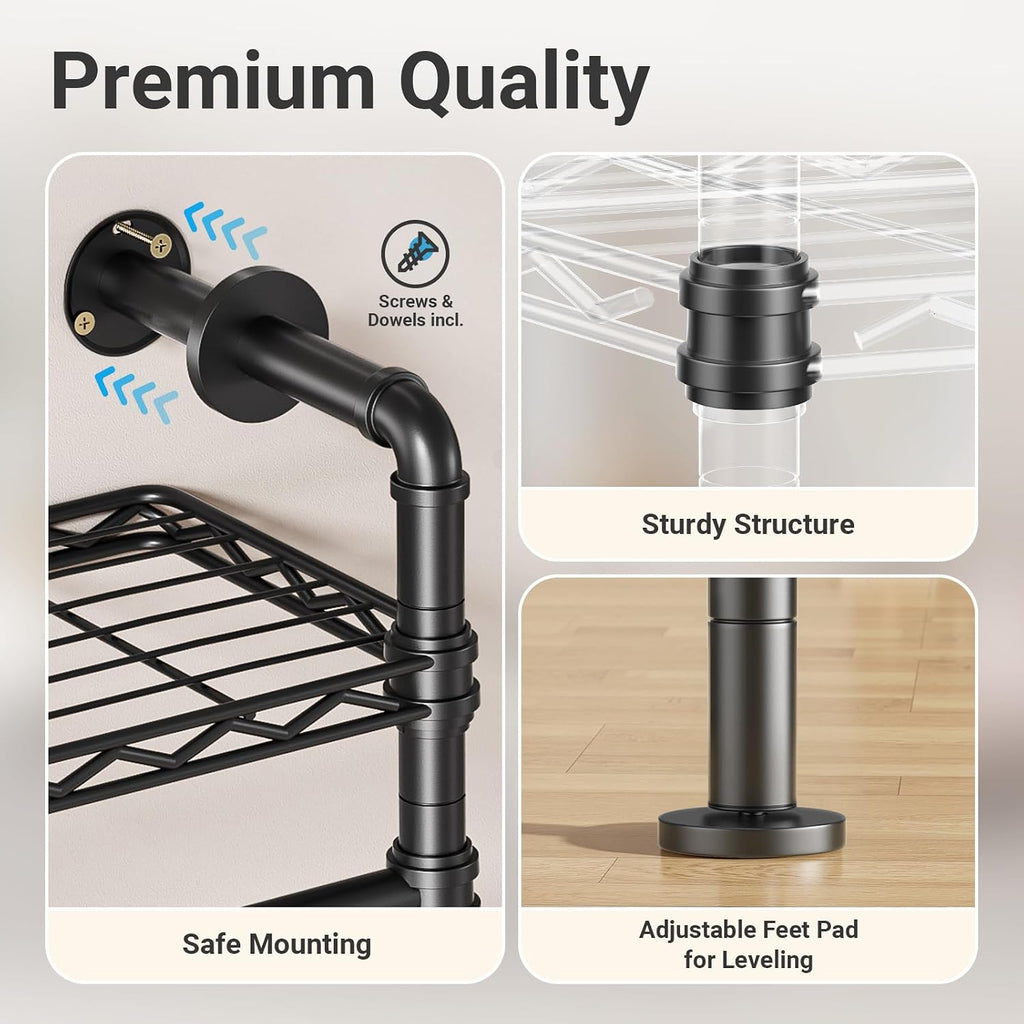 Timate L4 L Shape Garment Rack Heavy Duty Clothes Racks for Hanging Clothes, Expandable Industrial Pipe Clothing Rack Wall Mounted Closet Racks Wardrobe Closet Kit Corner Closet System, Black