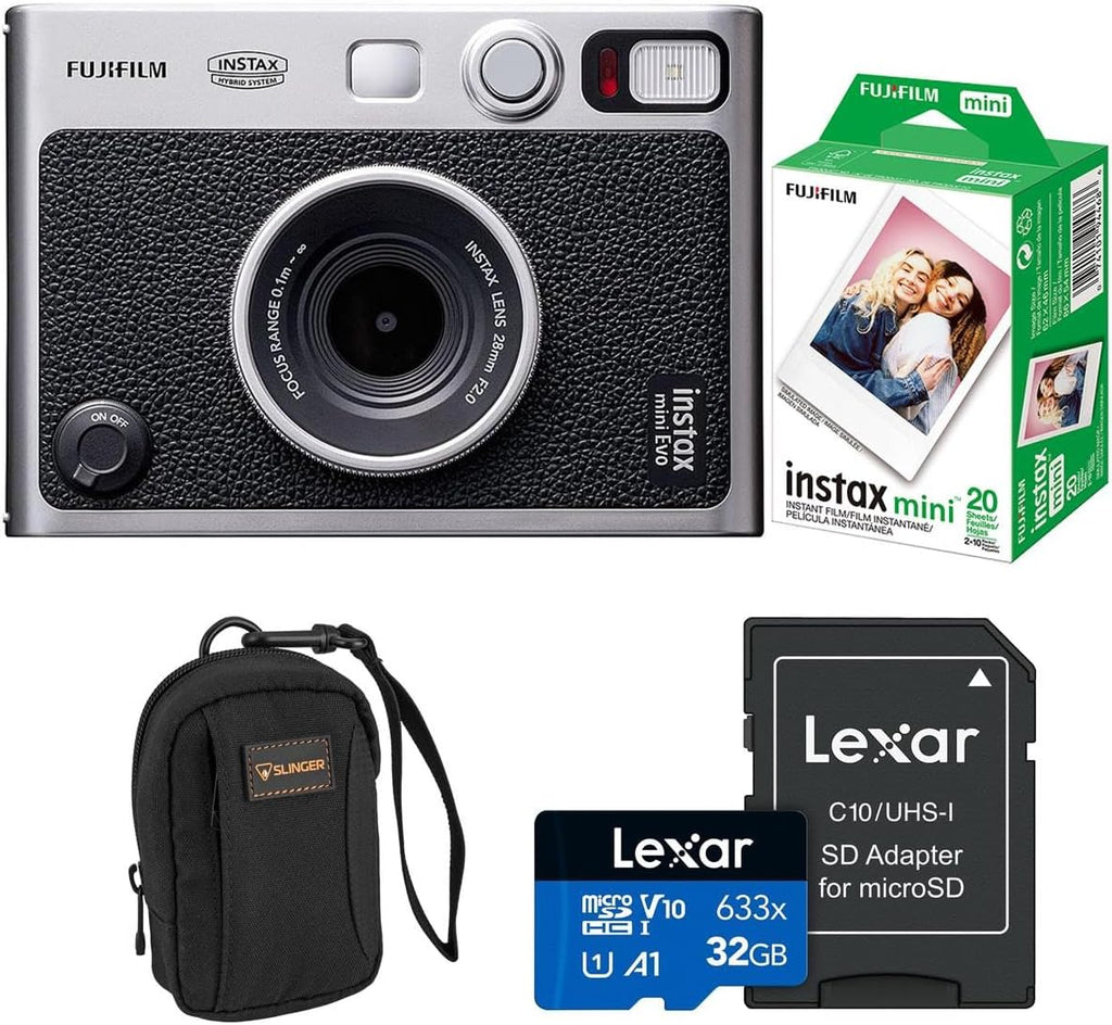 Fujifilm Instax Mini Evo Instant Film Camera, Black, Bundle with Fujifilm instax mini Instant Daylight Film Pack 20 Exposures, Slinger Alpine 2 Camera Bag, Lexar 32GB Memory Card w/SD Adapter