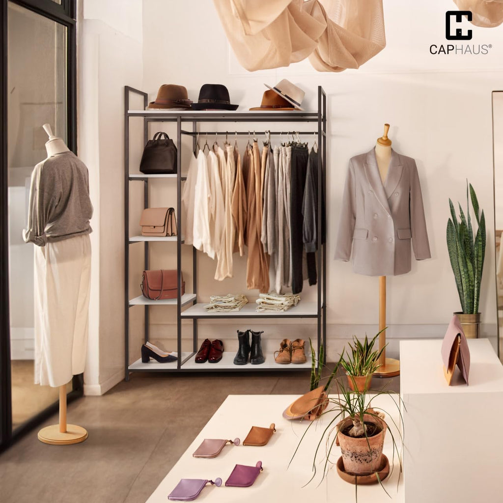 Fencer Wire Heavy Duty 979lbs Freestanding Closet Organizer w/Hanging Rods & Fabric Drawers, Garment Rack, Metal Clothes Rack w/Wood Shelves, Freestanding Closet Wardrobe, Metal Closet, White Board