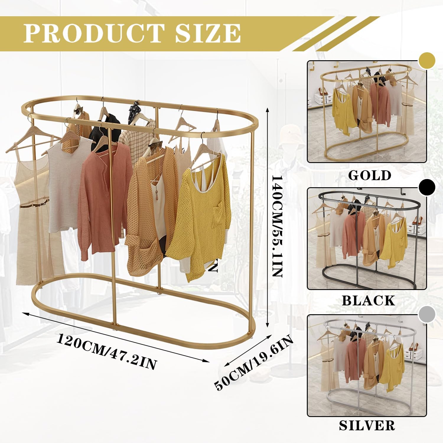 Floor Standing Clothes Hanging Rack, Commercial Round Clothes Rack, Freestanding Hanger Organizer, lothes Boutique Display Racks Display Racks for Hanging Clothes,Gold