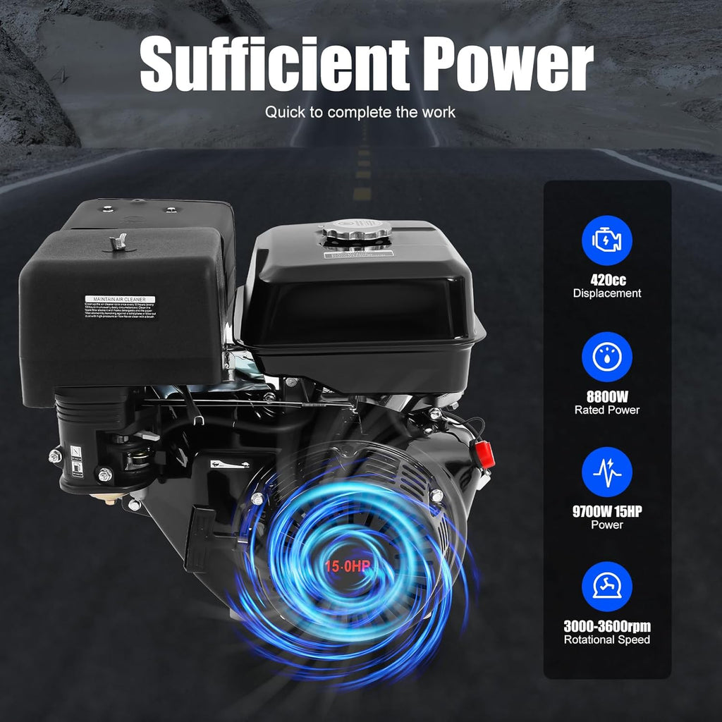 4 Stroke Gas Engine, 15 HP Single Cylinder Gasoline Motor OHV Engine Recoil Start, 3600RPM Air Cooling Engine Motor Garden Tiller Cultivator Motor for Pumping Machines,Cleaning Machines